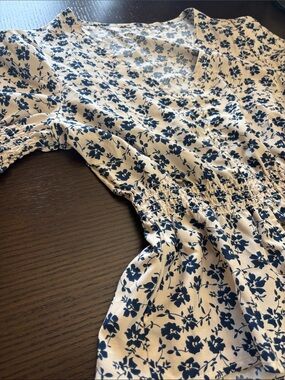 Cream and Navy Floral V-Neck Dress